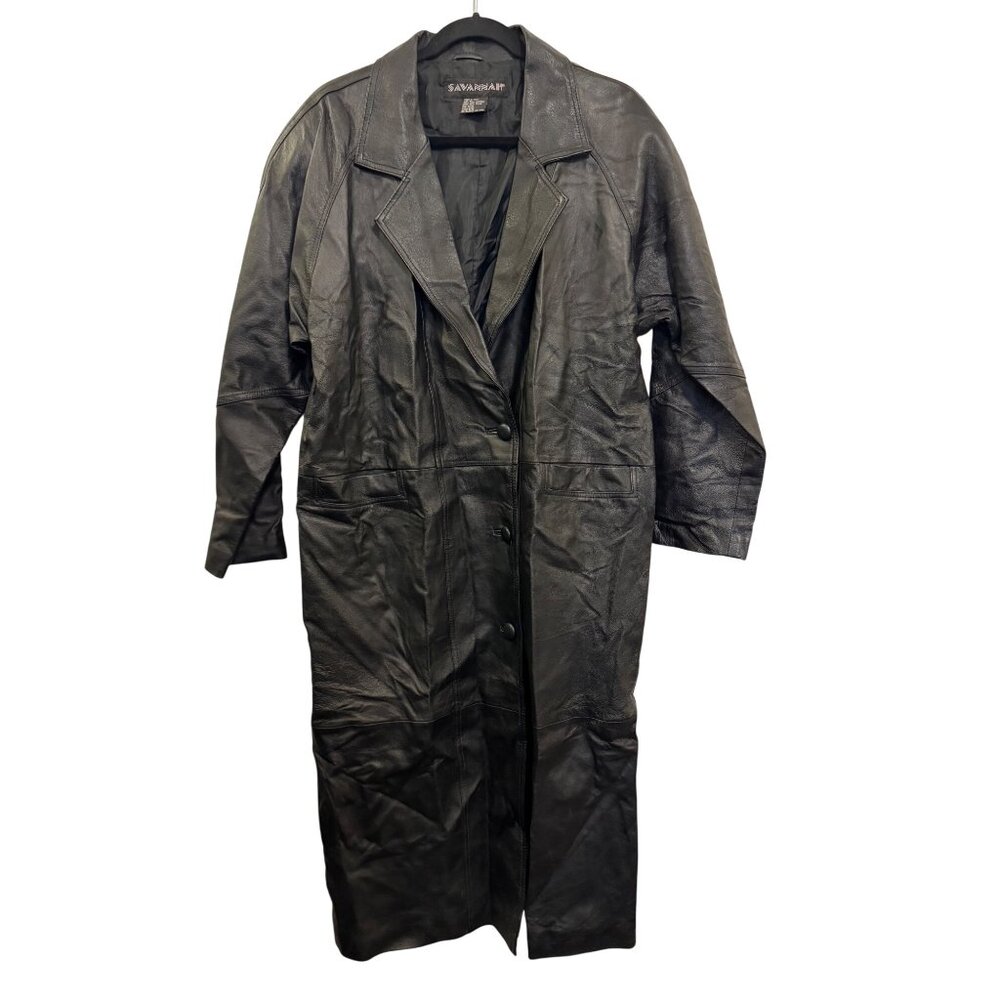 vintage Savannah Black Leather Long Coat M Button-Front Fully Lined Trench Coat